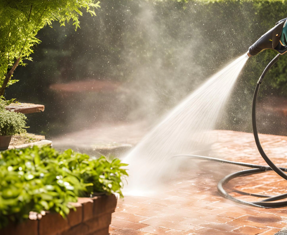 close up shot washing sidewalk pressure cleaning