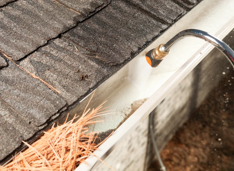 roof gutter cleaning with pressure washer